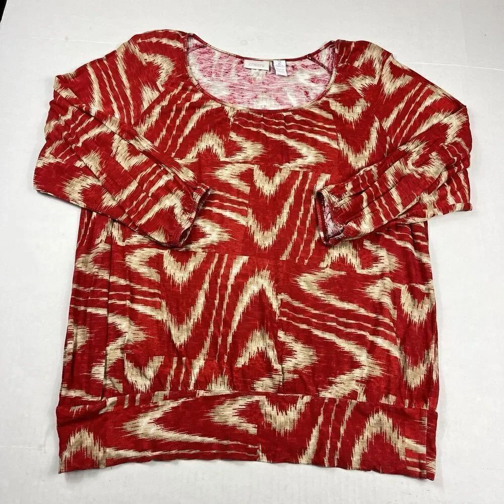Chicos Relaxed Fit Top Abstract Print Shirt 3/4 Sleeve Casual Blouse 2 LARGE